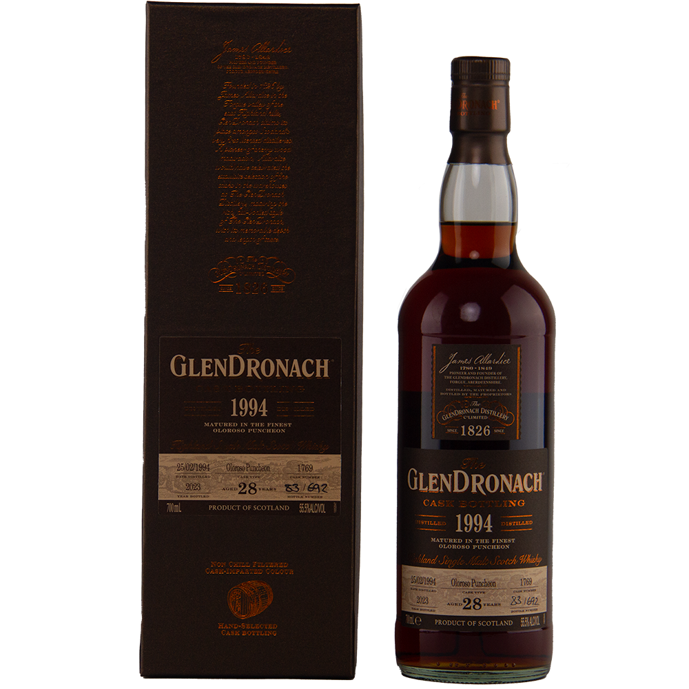A bottle of Glendronach 1994 28 year old single malt whisky stands beside its matching dark brown box, both displaying copper and gold labels with text highlighting the limited release’s age, distillery, and vintage year.