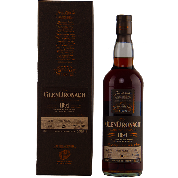 A bottle of Glendronach 1994 28 year old single malt whisky stands beside its matching dark brown box, both displaying copper and gold labels with text highlighting the limited release’s age, distillery, and vintage year.