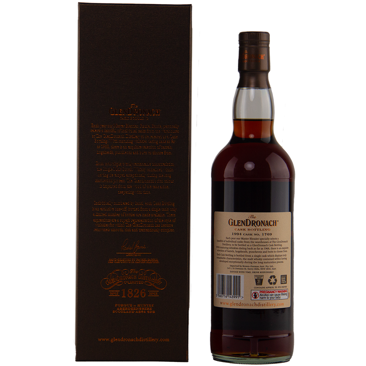 A Glendronach 1994 28 year old single malt whisky with a dark brown label stands beside its matching brown box, both adorned with gold and white text and the distillery’s logos highlighting this limited release.