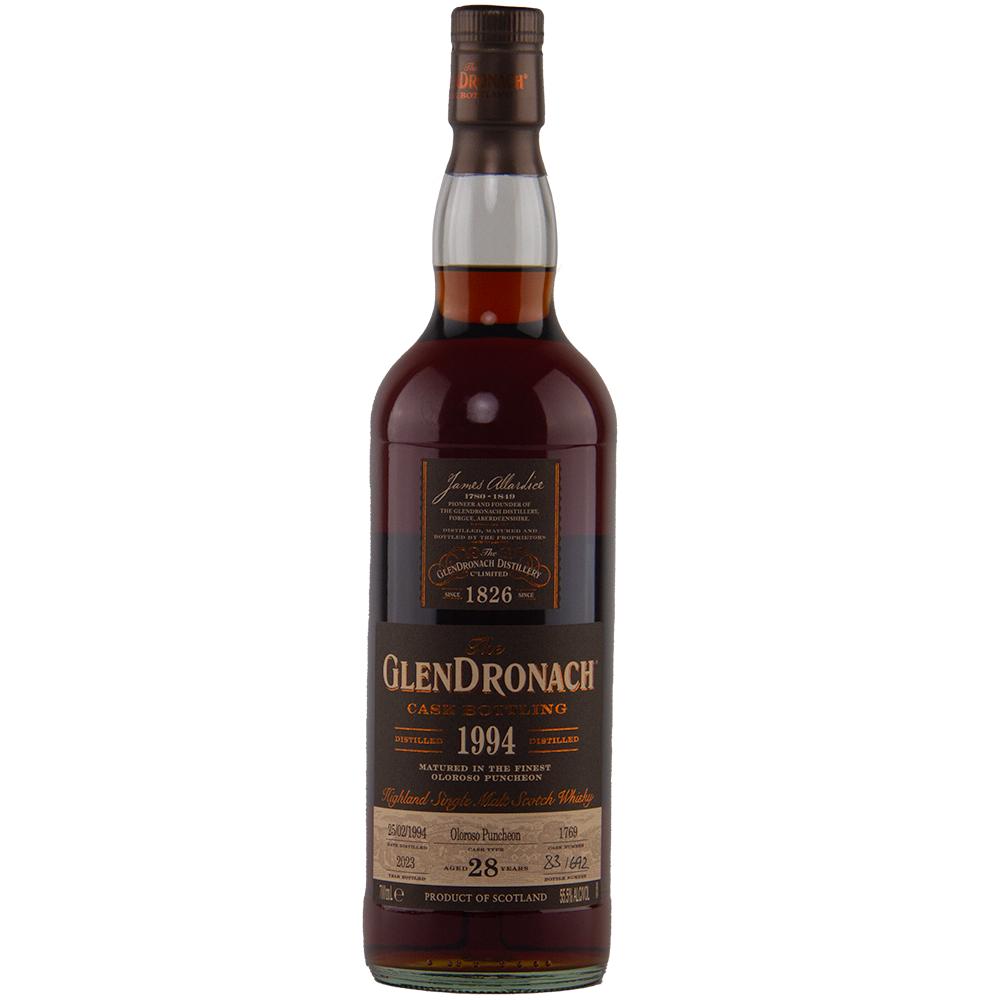 A bottle of Glendronach 1994 28 year old single malt whisky with dark amber liquid, gold and white label text, and a brown cap, photographed against a plain white background.