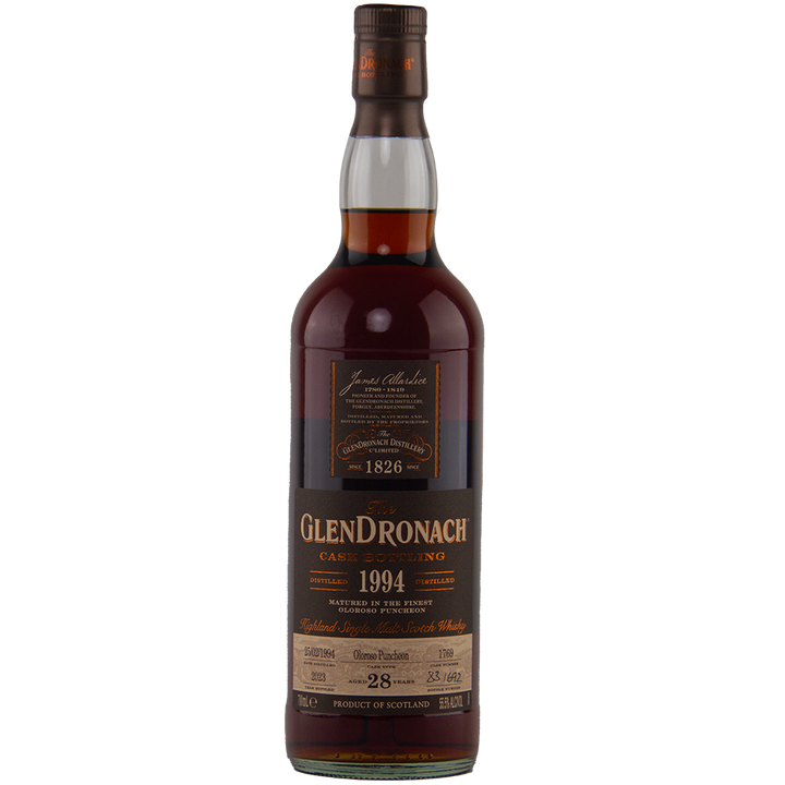 A bottle of Glendronach 1994 28 year old single malt whisky with dark amber liquid, gold and white label text, and a brown cap, photographed against a plain white background.