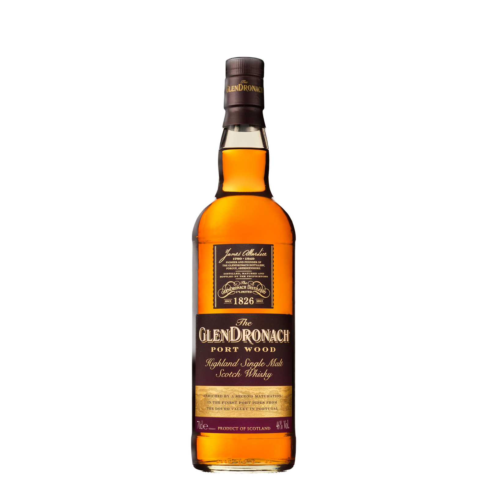 A bottle of Glendronach Port Wood Single Malt Scotch Whisky, featuring a dark label with gold accents and amber liquid from its port cask finish, is displayed against a plain white background.