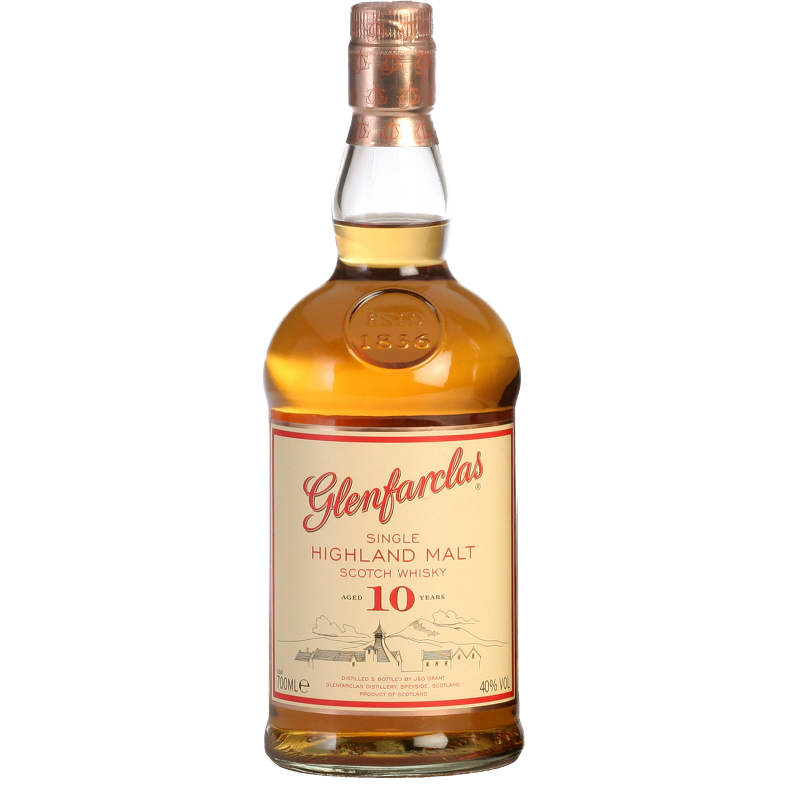 A bottle of Glenfarclas 10 Year Old Single Malt Scotch Whisky, aged in sherry casks, with a tan label featuring red and gold accents and a distillery illustration, topped with a copper-toned cap.