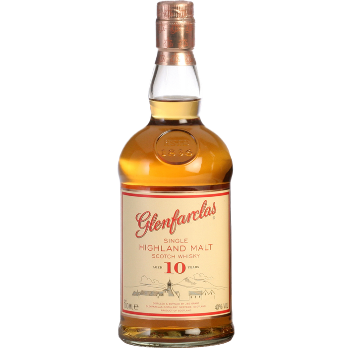 A bottle of Glenfarclas 10 Year Old Single Malt Scotch Whisky, aged in sherry casks, with a tan label featuring red and gold accents and a distillery illustration, topped with a copper-toned cap.