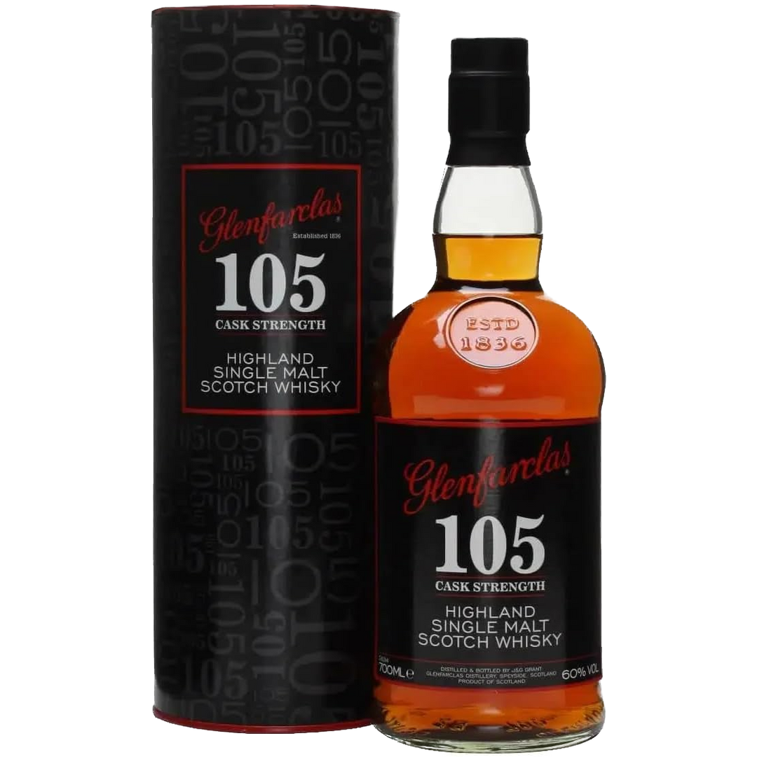 A bottle of Glenfarclas 105 Cask Strength Single Malt Scotch Whisky stands beside its matching black cylindrical box, both featuring the brand name and product details in red and white text.