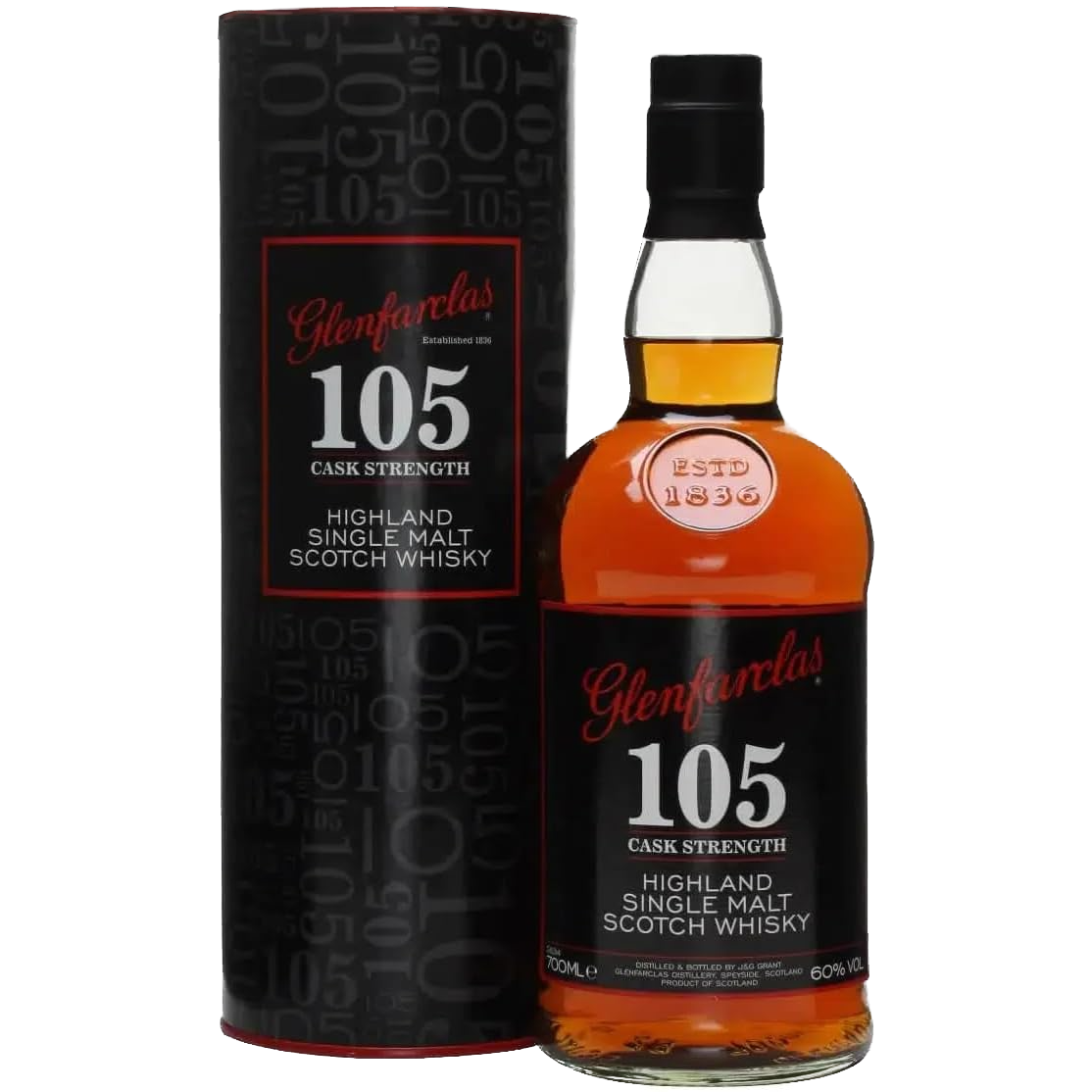 A bottle of Glenfarclas 105 Cask Strength Single Malt Scotch Whisky stands beside its matching black cylindrical box, both featuring the brand name and product details in red and white text.