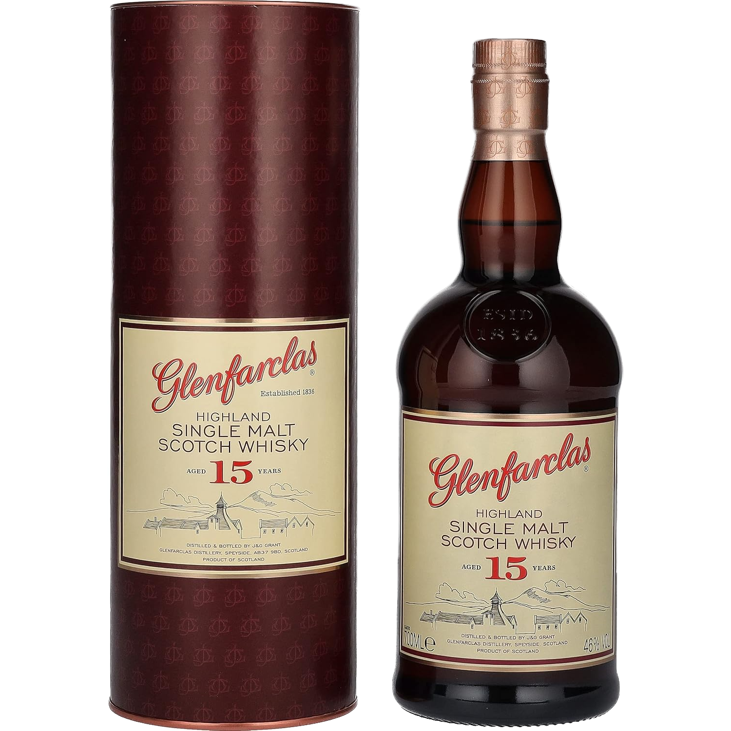 A bottle of Glenfarclas 15 Year Old Single Malt Scotch Whisky stands beside its cylindrical box, both displaying cream-colored labels accented with red and gold.