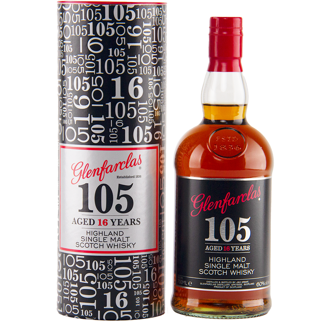 A bottle of Glenfarclas 105 16 Year Old Cask Strength Single Malt Scotch Whisky stands beside its matching cylindrical box, both featuring black, white, and red numbers and labels.