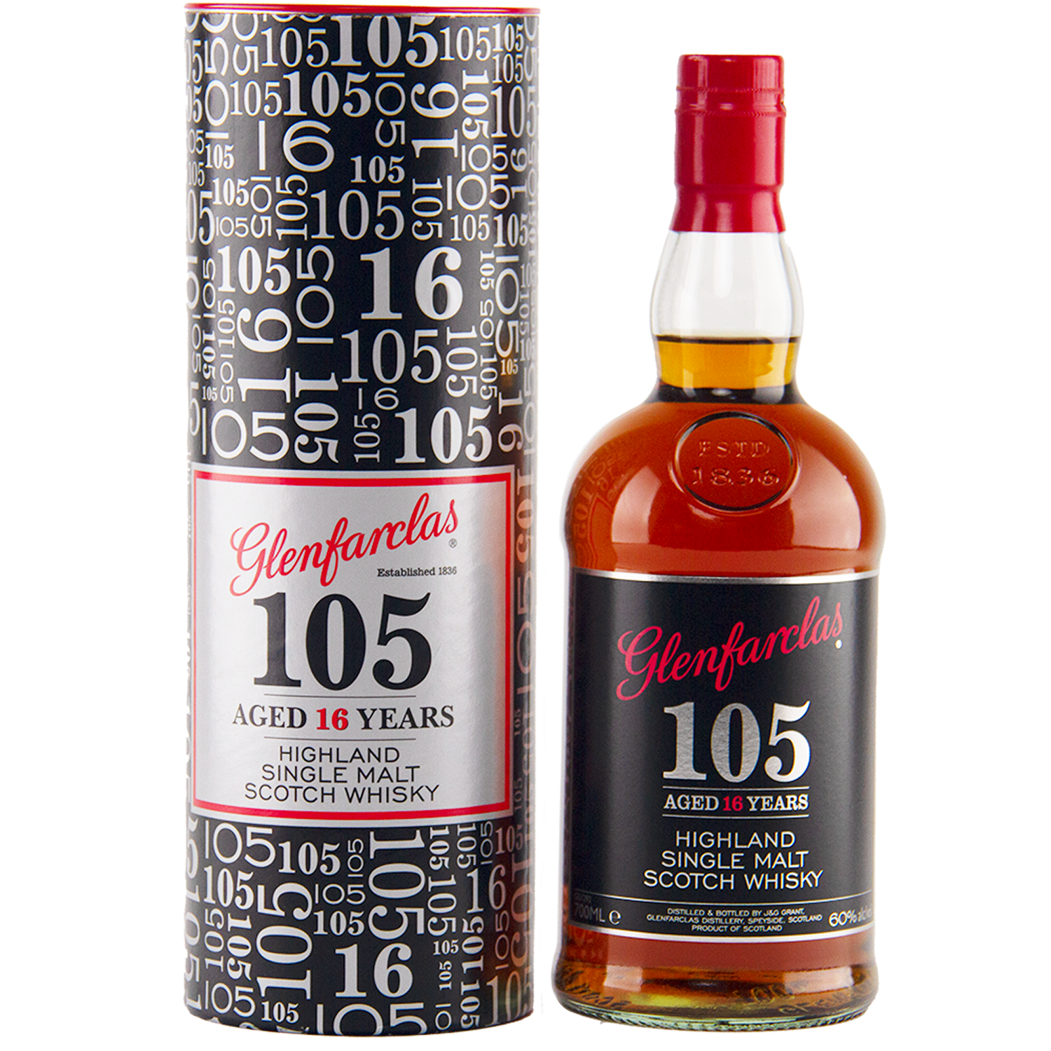A bottle of Glenfarclas 105 16 Year Old Cask Strength Single Malt Scotch Whisky stands beside its matching cylindrical box, both featuring black, white, and red numbers and labels.