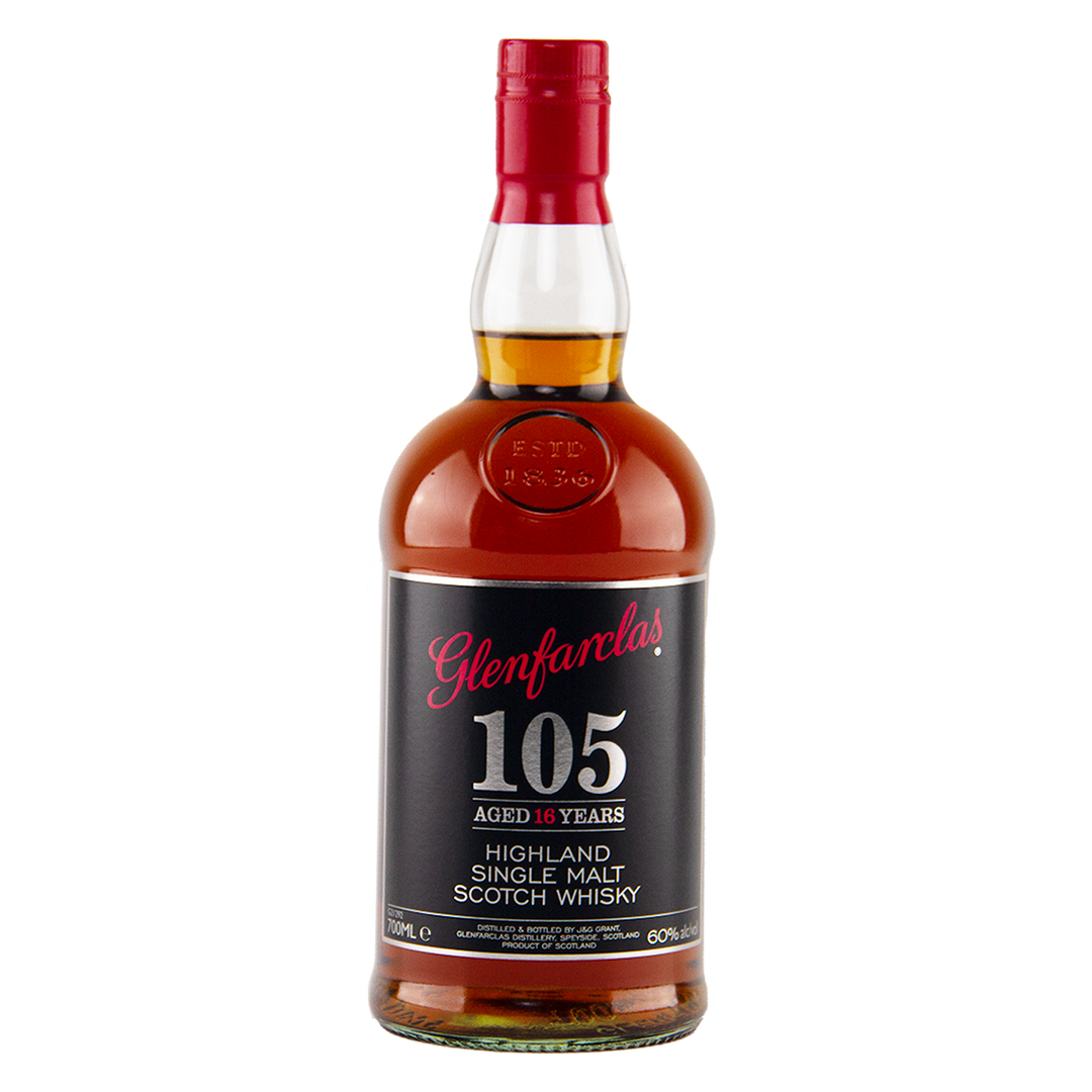 A bottle of Glenfarclas 105 16 Year Old Cask Strength Single Malt Scotch Whisky with a red cap and black label showing the product details.