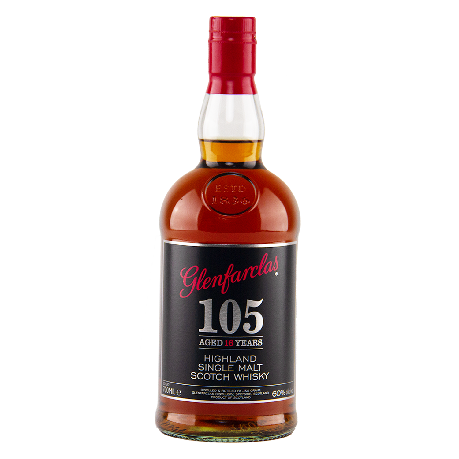 A bottle of Glenfarclas 105 16 Year Old Cask Strength Single Malt Scotch Whisky with a red cap and black label showing the product details.
