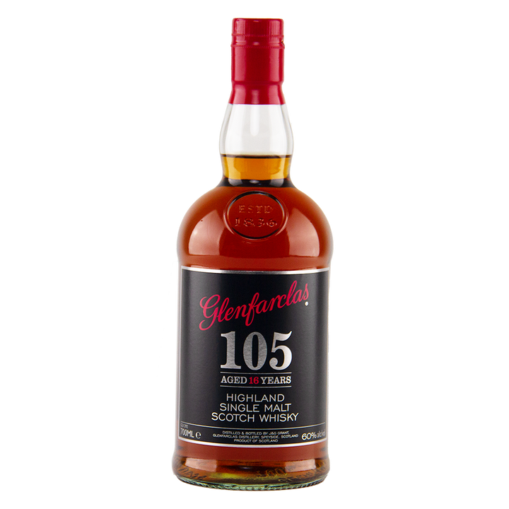 A bottle of Glenfarclas 105 16 Year Old Cask Strength Single Malt Scotch Whisky with a red cap and black label showing the product details.