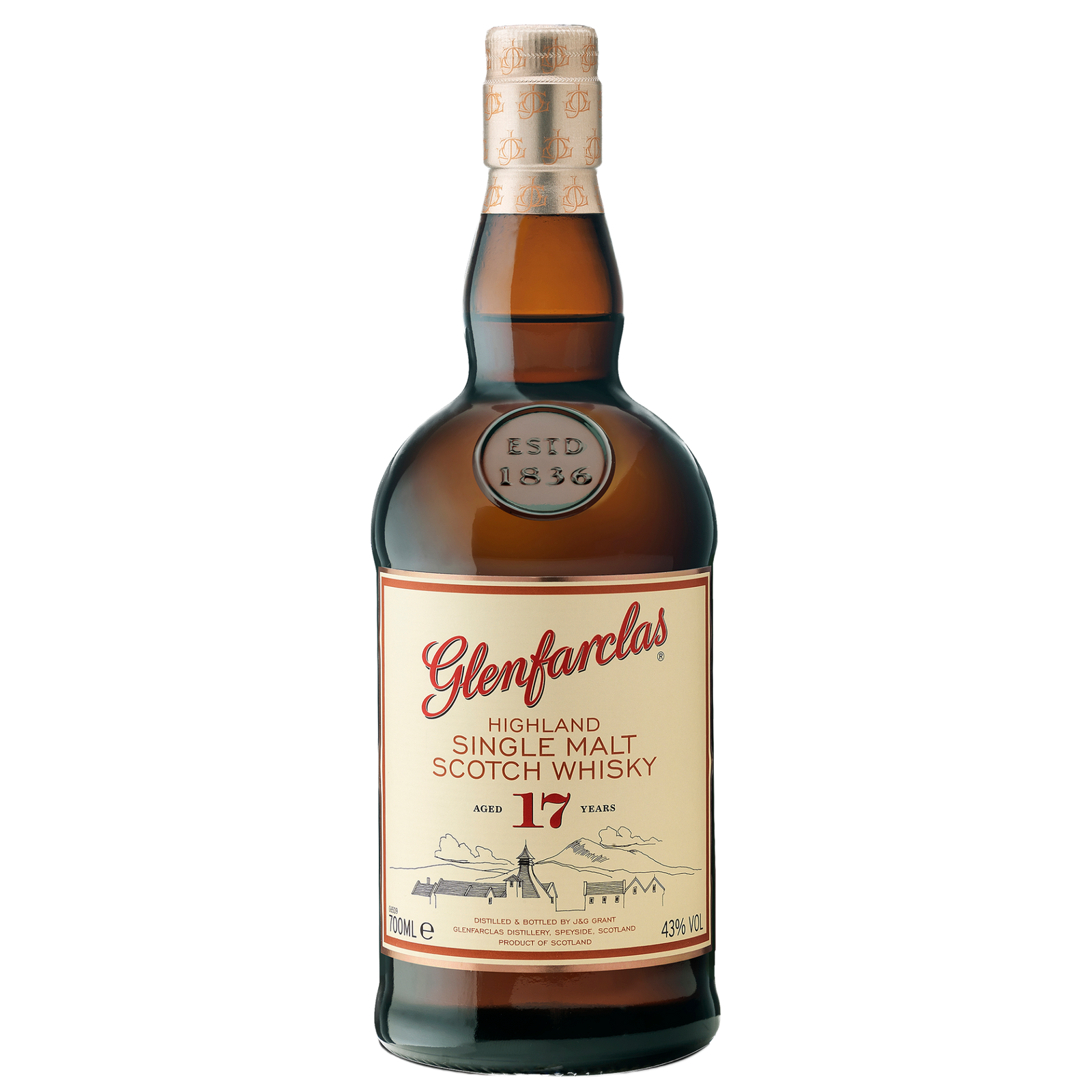 A bottle of Glenfarclas 17 Year Old Single Malt Scotch Whisky featuring a cream label with red and gold text, hills illustrated in the background, and sealed with a tan cork.