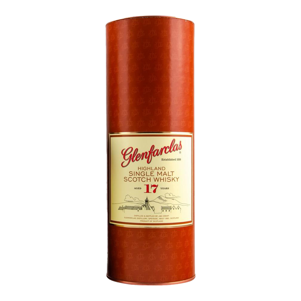 A cylindrical red container of Glenfarclas 17 Year Old Single Malt Scotch Whisky, with a gold and cream label featuring red lettering.