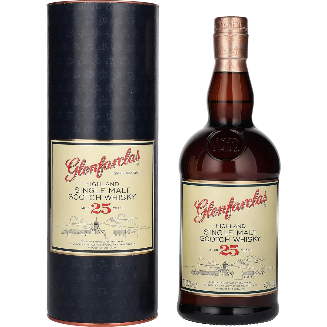 A bottle of Glenfarclas 25 Year Old Single Malt Scotch Whisky sits beside its cylindrical packaging, both with cream labels, red and black text, and gold accents; matured in Oloroso sherry casks for a rich, complex flavor.