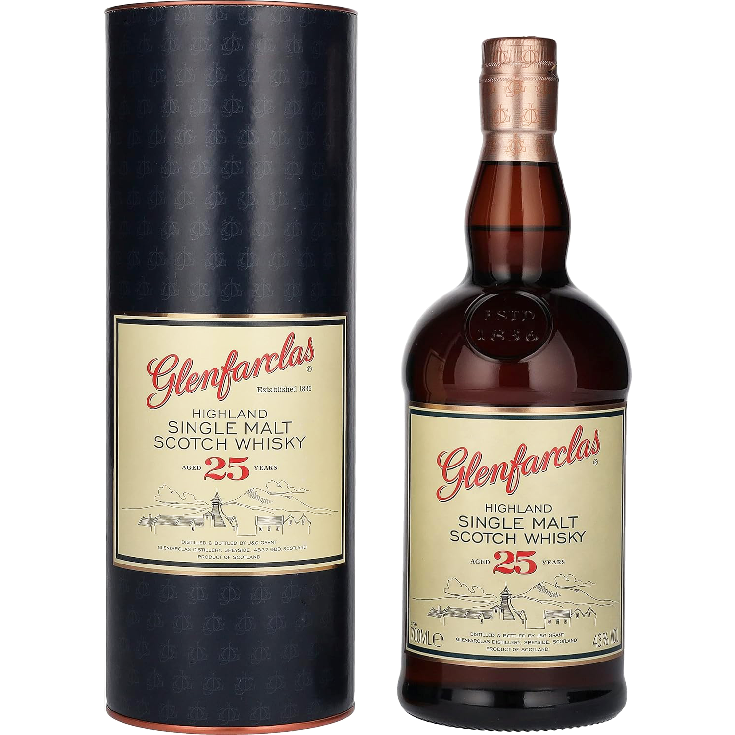 A bottle of Glenfarclas 25 Year Old Single Malt Scotch Whisky sits beside its cylindrical packaging, both with cream labels, red and black text, and gold accents; matured in Oloroso sherry casks for a rich, complex flavor.