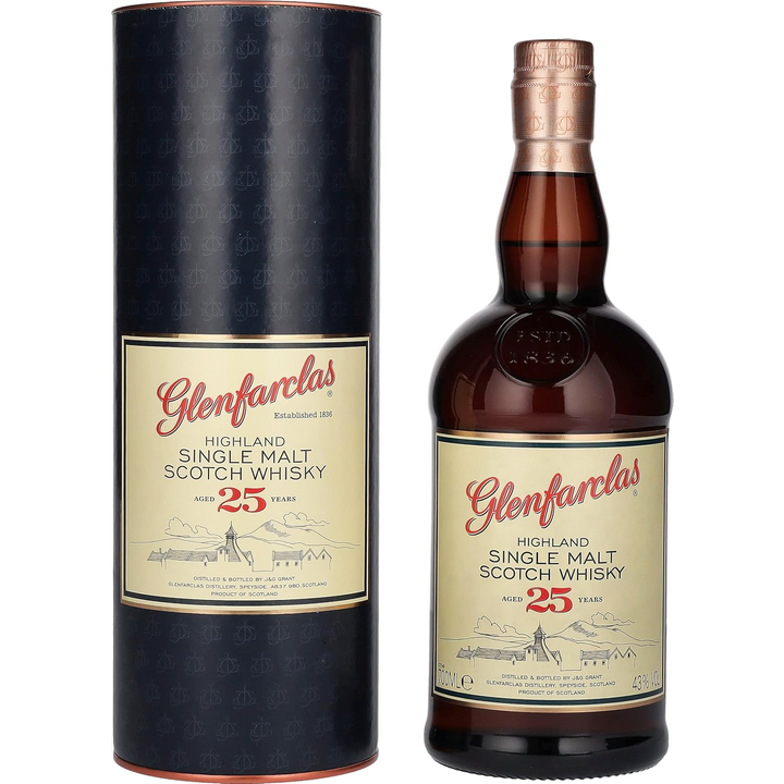 A bottle of Glenfarclas 25 Year Old Single Malt Scotch Whisky sits beside its cylindrical packaging, both with cream labels, red and black text, and gold accents; matured in Oloroso sherry casks for a rich, complex flavor.
