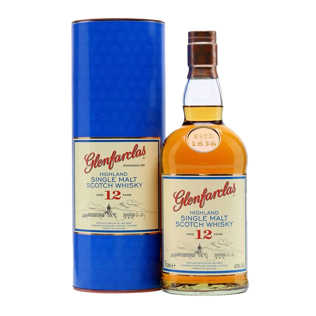 A bottle of Glenfarclas 12 Year Old Single Malt Scotch Whisky is displayed beside its blue cylindrical container, both adorned with cream labels highlighted by red and gold accents.