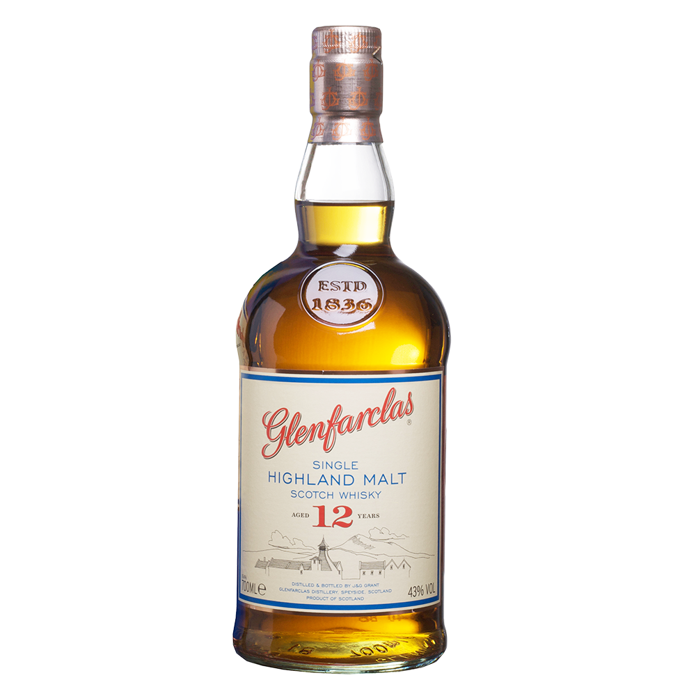 A bottle of Glenfarclas 12 Year Old Single Malt Scotch Whisky stands upright on a white background, featuring a cream label with red and blue text and a gold cap.