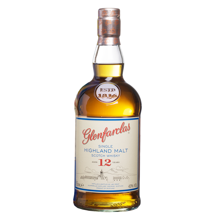 A bottle of Glenfarclas 12 Year Old Single Malt Scotch Whisky stands upright on a white background, featuring a cream label with red and blue text and a gold cap.