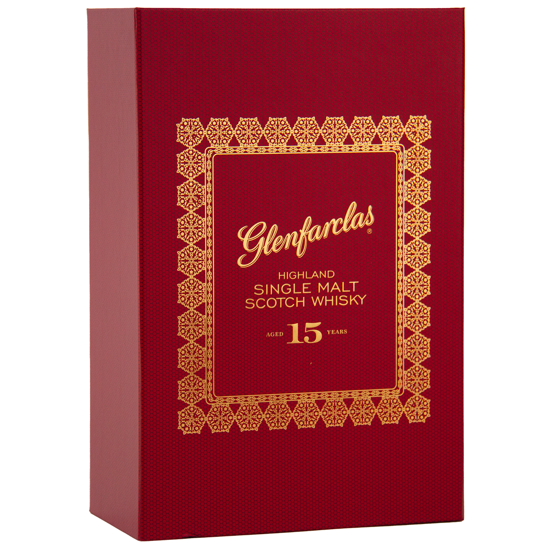 A red box with gold trim and "Glenfarclas 15 Year Old Limited Release Gift Pack" text, offered as a special Highland Single Malt Whisky edition.