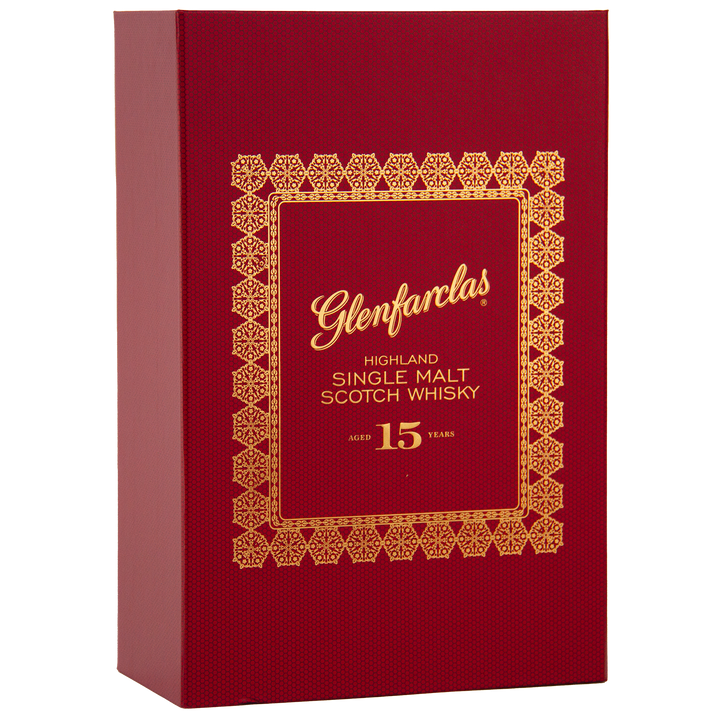 A red box with gold trim and "Glenfarclas 15 Year Old Limited Release Gift Pack" text, offered as a special Highland Single Malt Whisky edition.