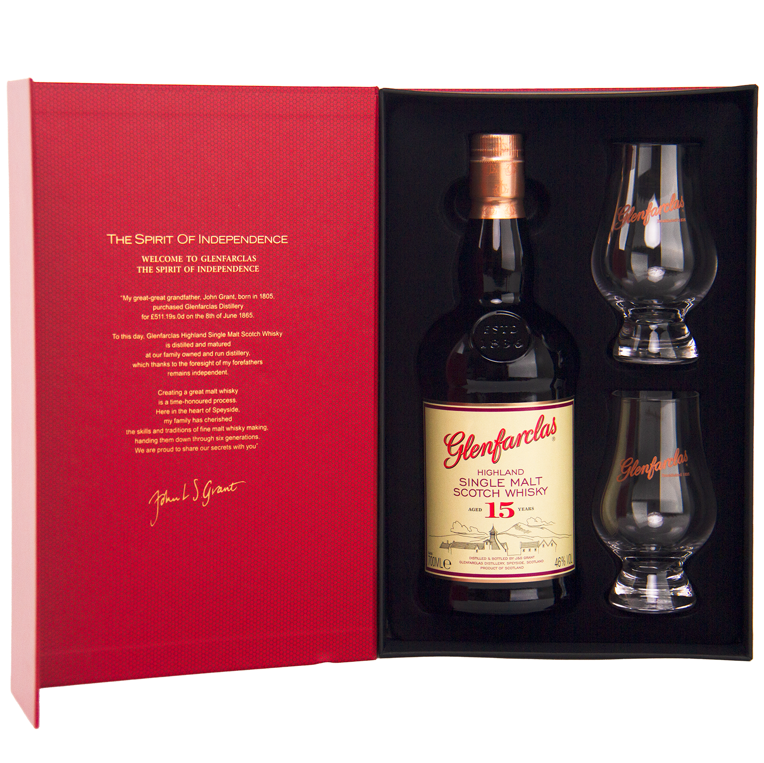 The Glenfarclas 15 Year Old Limited Release Gift Pack includes a bottle and two branded glasses in a striking red box, featuring detailed whisky information on the inside cover.