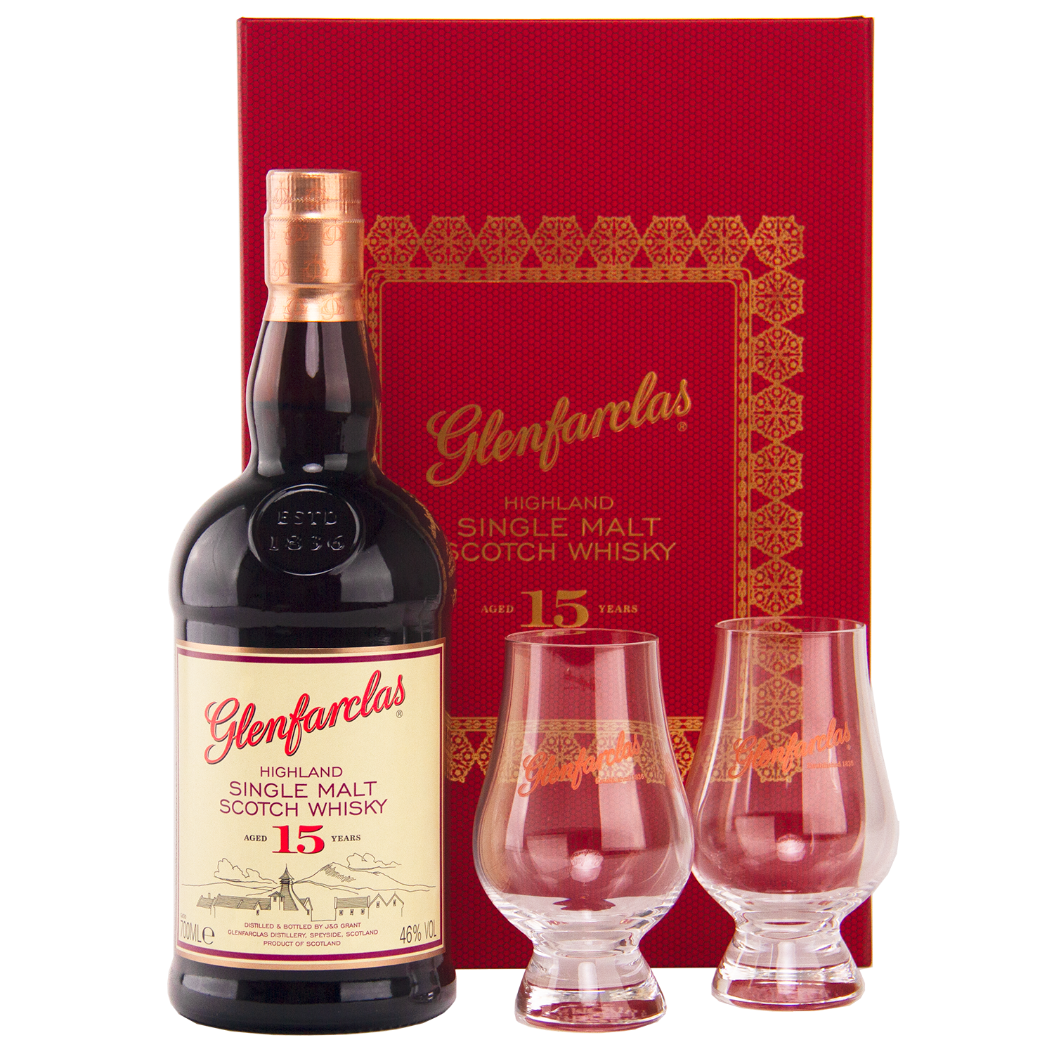 The Glenfarclas 15 Year Old Limited Release Gift Pack includes a bottle of 15 Year Old single malt whisky and two Glencairn glasses, presented in front of a striking red and gold Glenfarclas gift box.