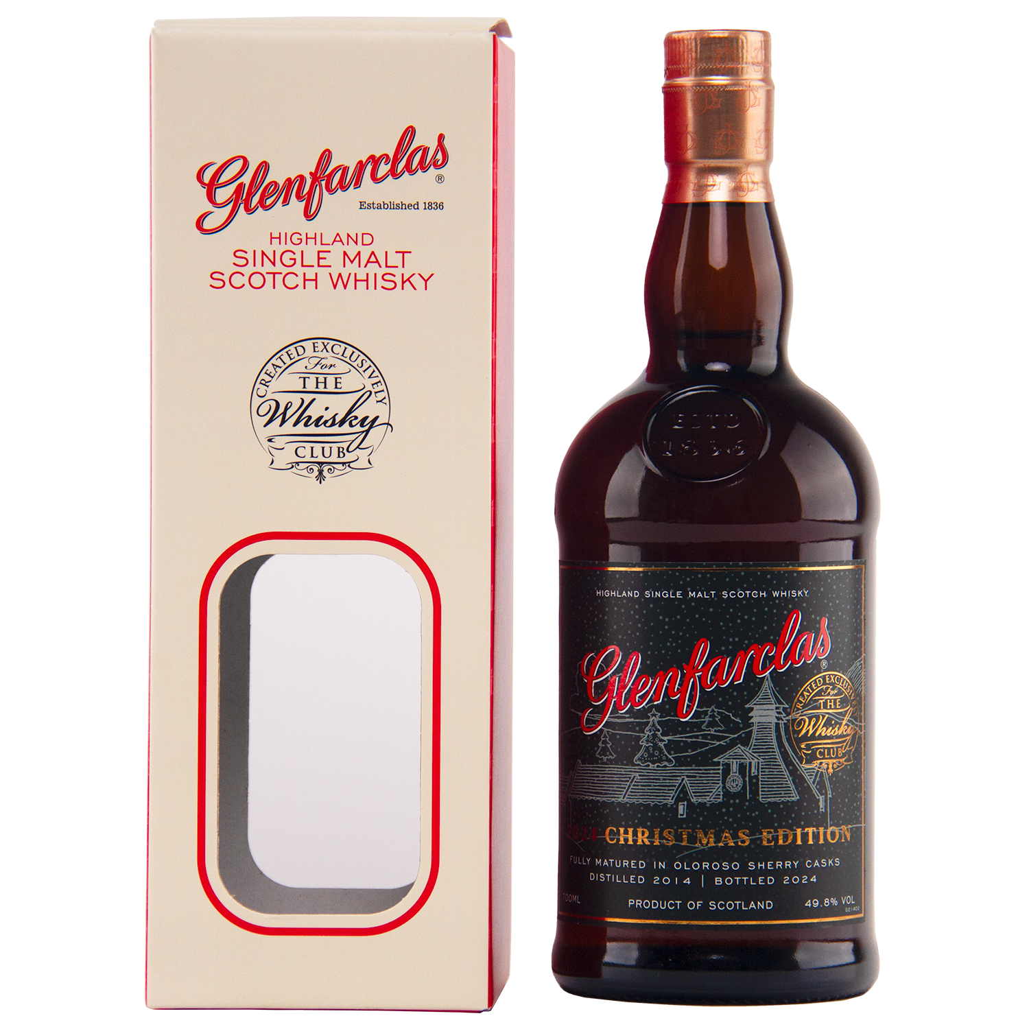 A bottle of Glenfarclas 2024 Christmas Edition Single Malt Whisky stands by its cream box with red lettering and a clear window, highlighting spirit aged in rich Oloroso sherry cask.