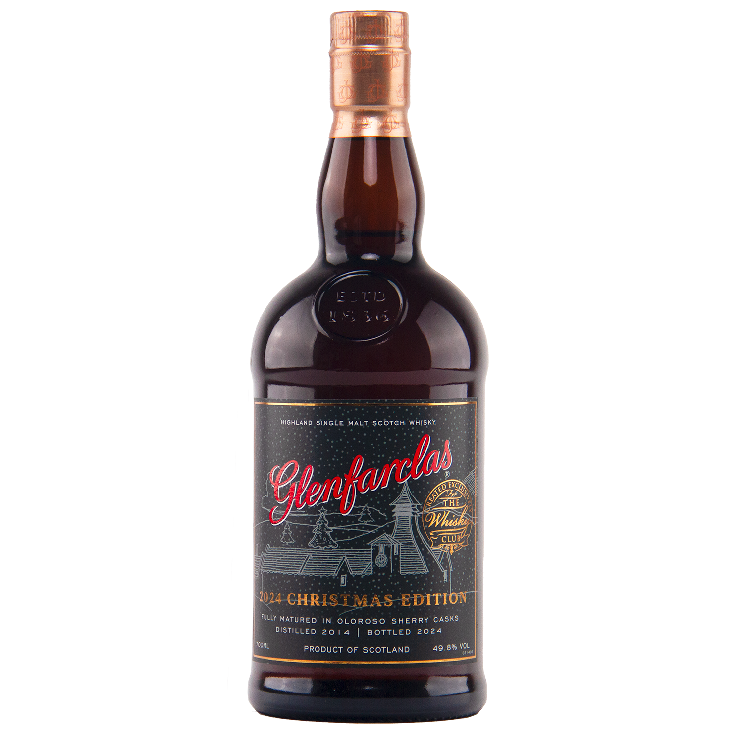 A bottle of Glenfarclas 2024 Christmas Edition Single Malt Whisky, showcasing a festive black and gold label with red accents and a snowy distillery design. Matured in Oloroso sherry casks for rich seasonal flavour.