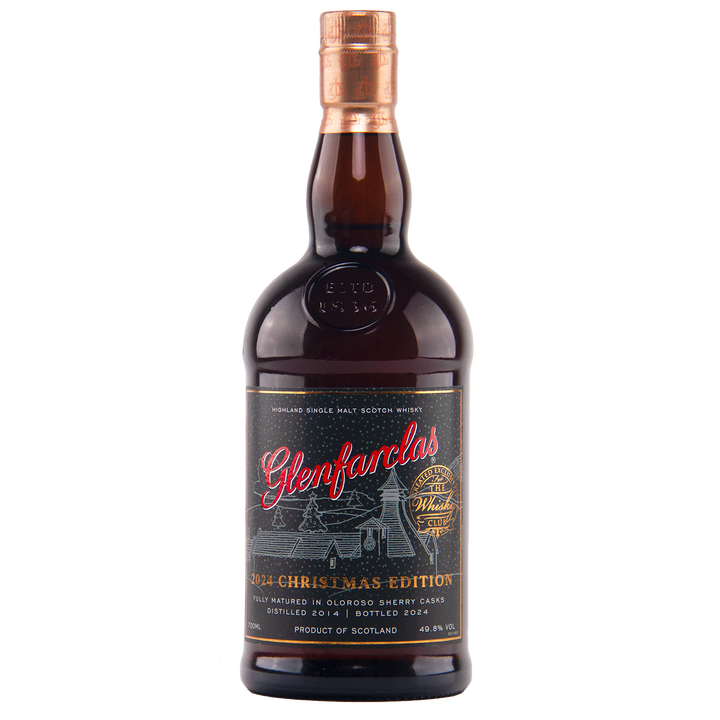 A bottle of Glenfarclas 2024 Christmas Edition Single Malt Whisky, showcasing a festive black and gold label with red accents and a snowy distillery design. Matured in Oloroso sherry casks for rich seasonal flavour.