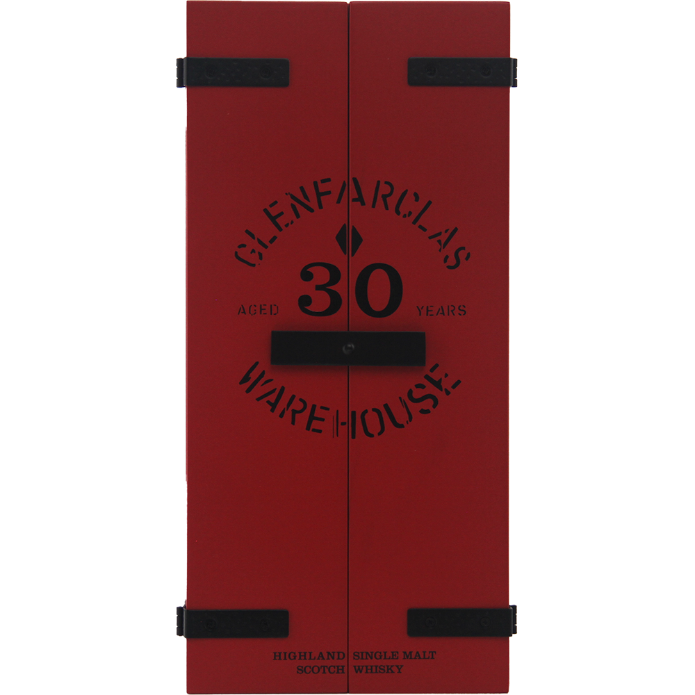 A red box with black hinges and handles reads "Glenfarclas 30 year old" on the front, resembling warehouse doors. Below, it says Highland Single Malt Scotch Whisky—reflecting the sherried excellence of this Speyside malt.