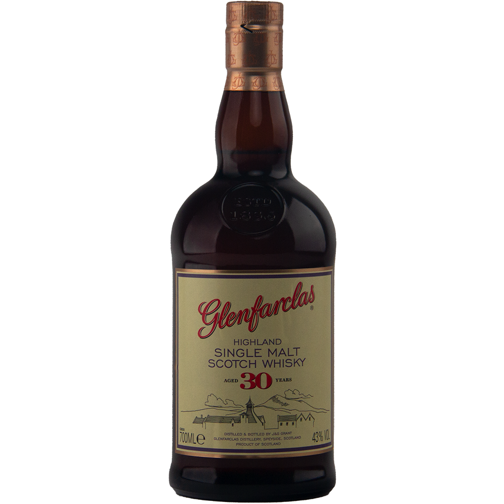 A dark glass bottle of Glenfarclas 30 Year Old with a gold label, copper cap, red and black text, and a small distillery illustration.
