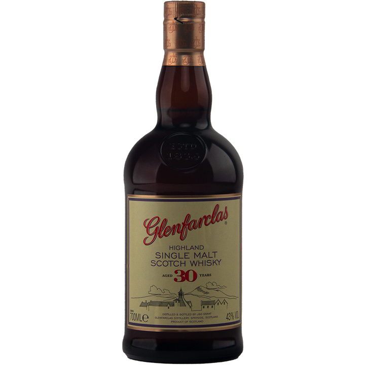 A dark glass bottle of Glenfarclas 30 Year Old with a gold label, copper cap, red and black text, and a small distillery illustration.