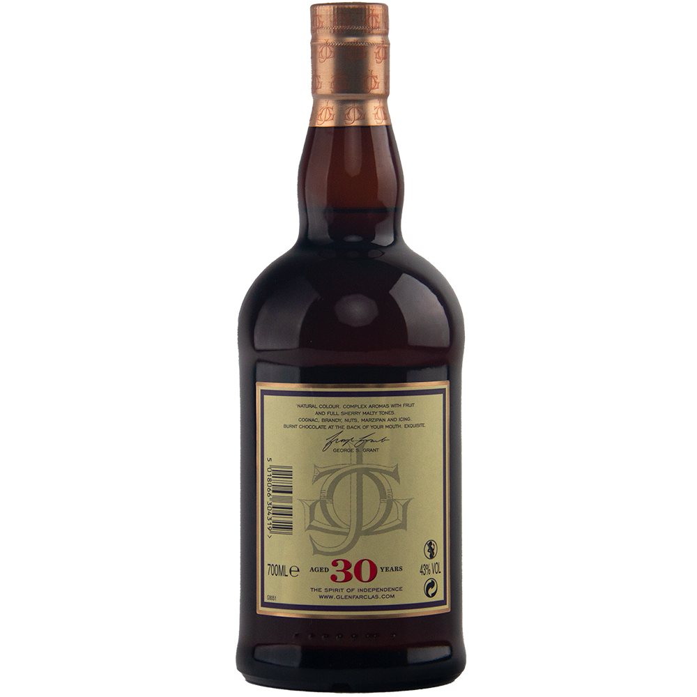 A bottle of Glenfarclas 30 Year Old Speyside single malt whisky features a sherried profile, a beige back label with "30 years" in large red text, decorative monogram, product details, and topped with a copper-colored cap.
