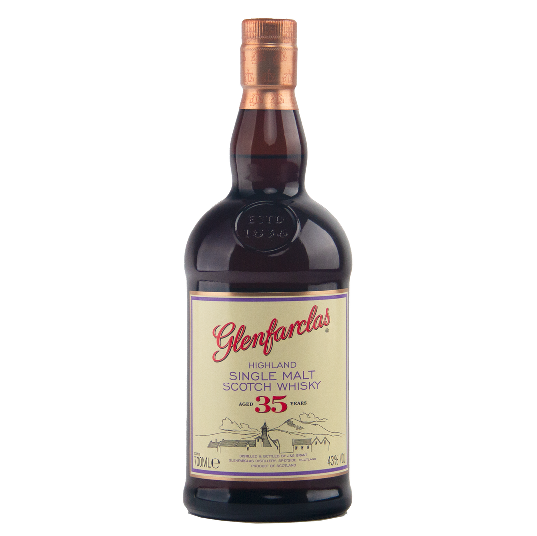 A 700ml bottle of Glenfarclas 35 Year Old Single Malt Scotch Whisky, matured in sherry casks, with a cream label, red and gold accents, a copper-colored cap, and 43% ABV.