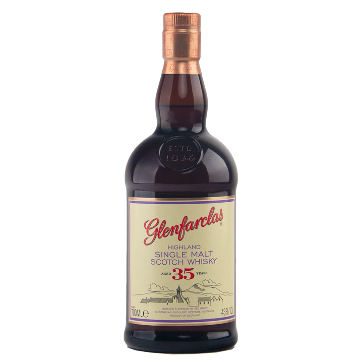 A 700ml bottle of Glenfarclas 35 Year Old Single Malt Scotch Whisky, matured in sherry casks, with a cream label, red and gold accents, a copper-colored cap, and 43% ABV.