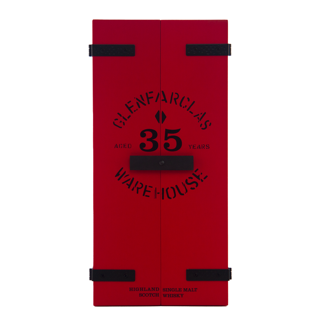 A red box with black hinges and bold black text reading Glenfarclas 35 Year Old Single Malt Scotch Whisky on the front, celebrating its extensive sherry cask aging.