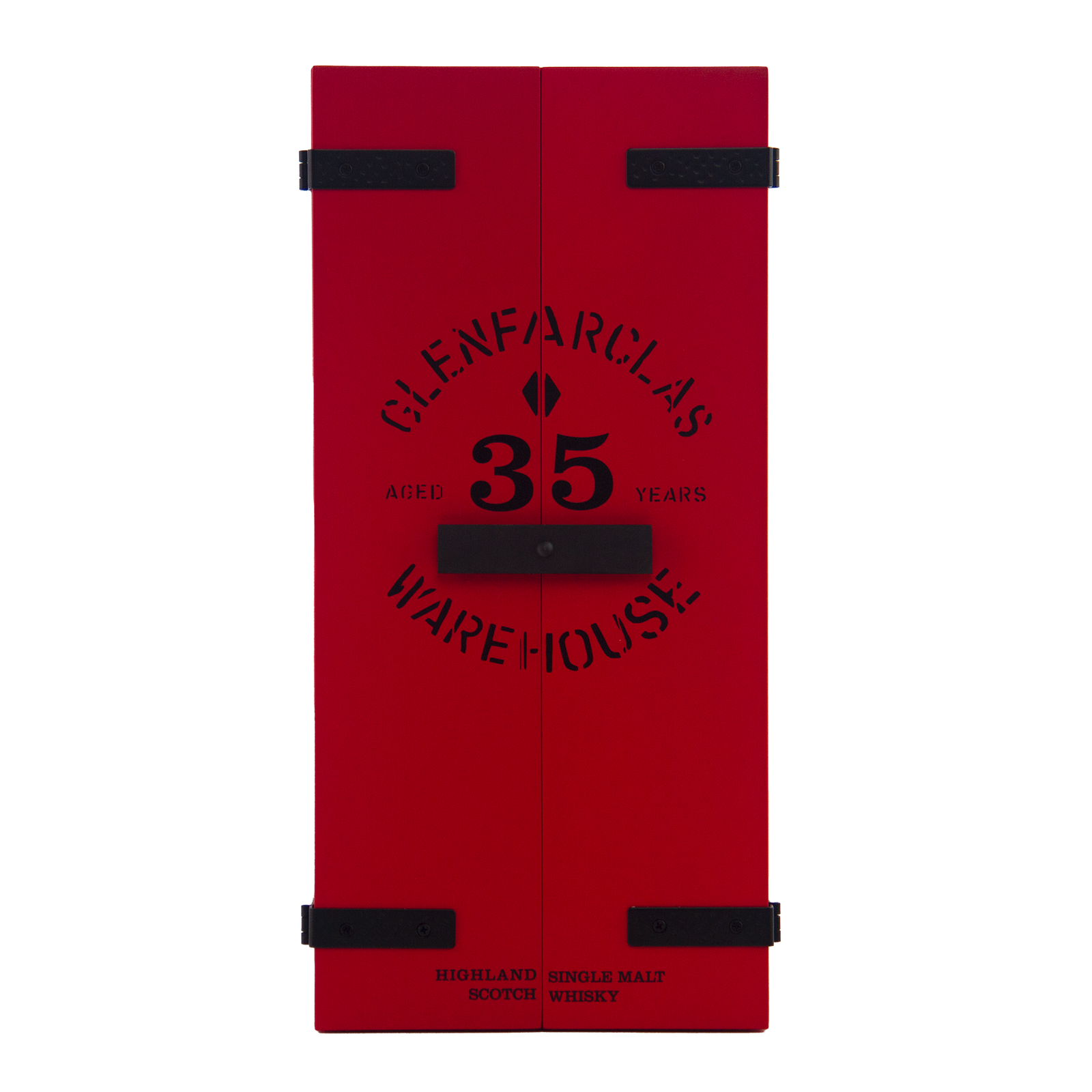 A red box with black hinges and bold black text reading Glenfarclas 35 Year Old Single Malt Scotch Whisky on the front, celebrating its extensive sherry cask aging.