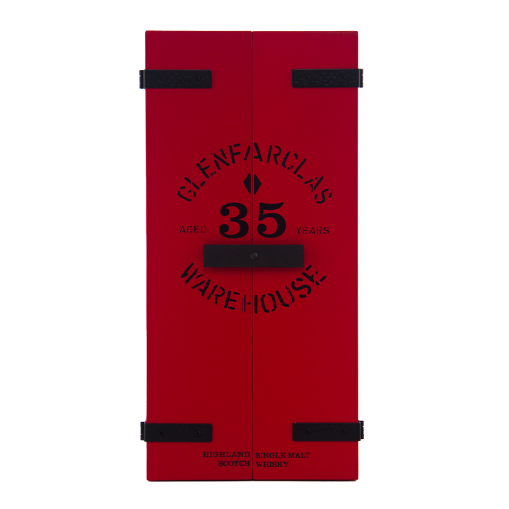 A red box with black hinges and bold black text reading Glenfarclas 35 Year Old Single Malt Scotch Whisky on the front, celebrating its extensive sherry cask aging.
