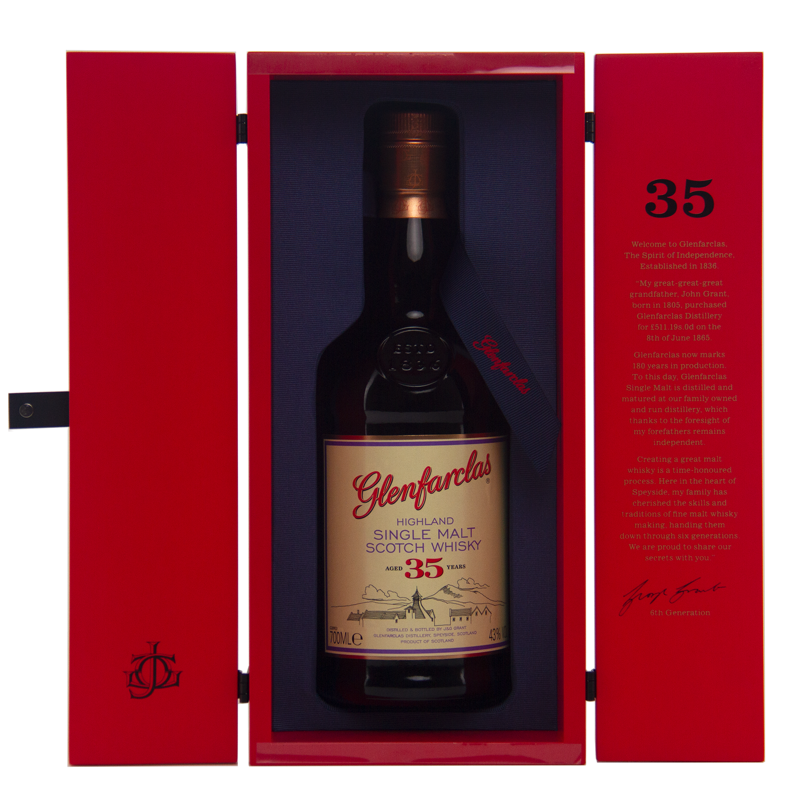 A bottle of Glenfarclas 35 Year Old Single Malt Scotch Whisky, matured in sherry casks, is presented in an open red box with a gold and white label, alongside printed text on the inner lid.