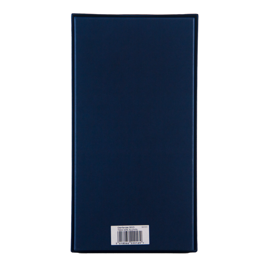 A rectangular navy blue box for Glenfarclas 35 Year Old Single Malt Scotch Whisky is shown from the back, featuring a white barcode label at the bottom center, against a plain white background.