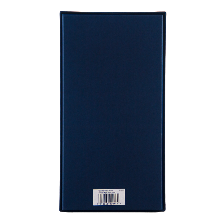 A rectangular navy blue box for Glenfarclas 35 Year Old Single Malt Scotch Whisky is shown from the back, featuring a white barcode label at the bottom center, against a plain white background.