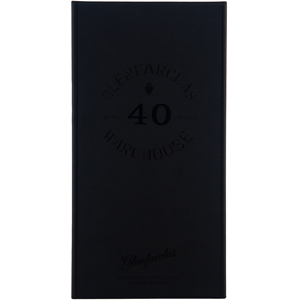 A sleek black rectangular box with “Glenfarclas 40 year old Single Malt Scotch Whisky” embossed in subtle, dark lettering—a fitting case for this renowned single malt whisky celebrated for its rich sherried notes.