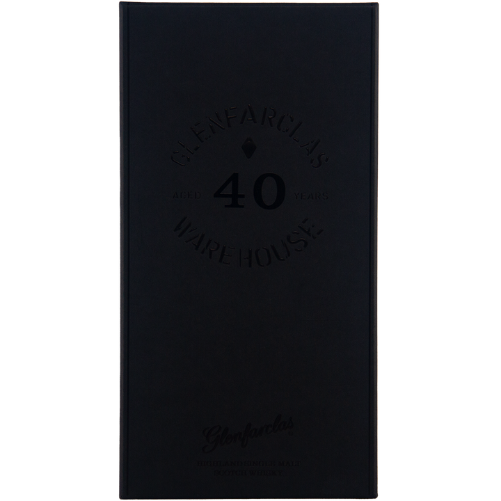A sleek black rectangular box with “Glenfarclas 40 year old Single Malt Scotch Whisky” embossed in subtle, dark lettering—a fitting case for this renowned single malt whisky celebrated for its rich sherried notes.