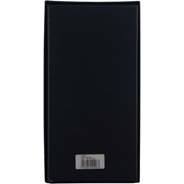 The image shows the back of a rectangular black box of Glenfarclas 40 year old Single Malt Scotch Whisky, featuring a white barcode sticker at the bottom center against a plain, light-colored background.