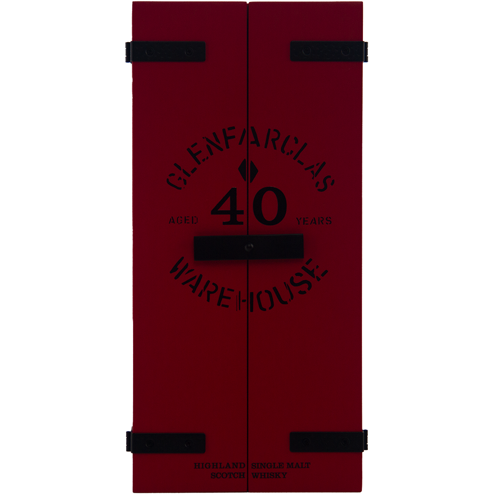A red box with black hinges and stencil-style Glenfarclas 40 year old Single Malt Scotch Whisky text—ideal for fans of rich, sherried single malts.