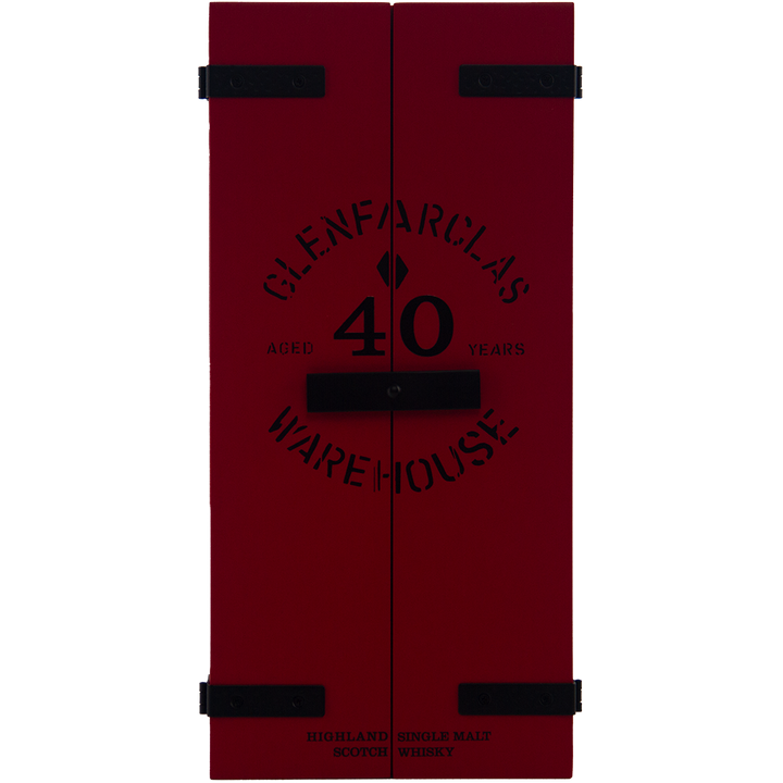 A red box with black hinges and stencil-style Glenfarclas 40 year old Single Malt Scotch Whisky text—ideal for fans of rich, sherried single malts.