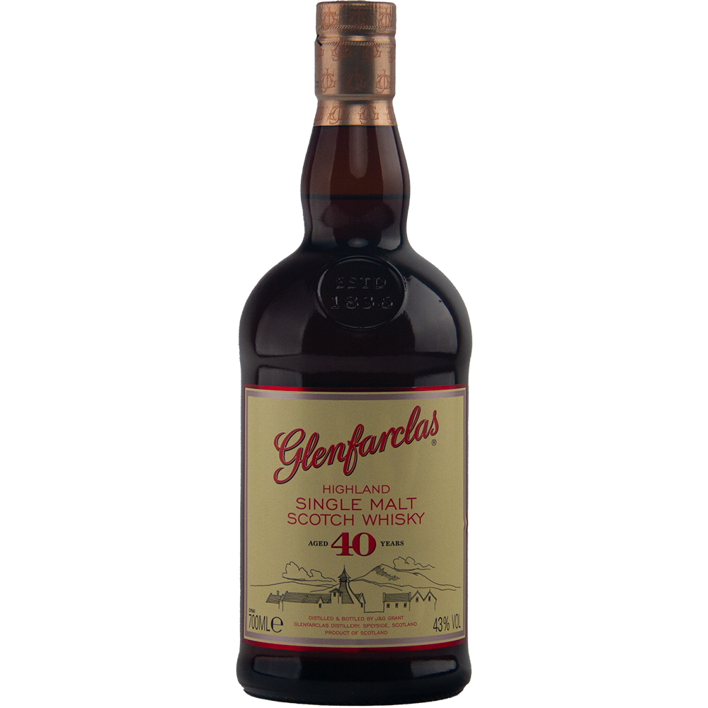 A bottle of Glenfarclas 40 year old Single Malt Scotch Whisky, with a copper-colored cap and beige label in red and black, is famed for its rich sherried notes and exceptional aging.