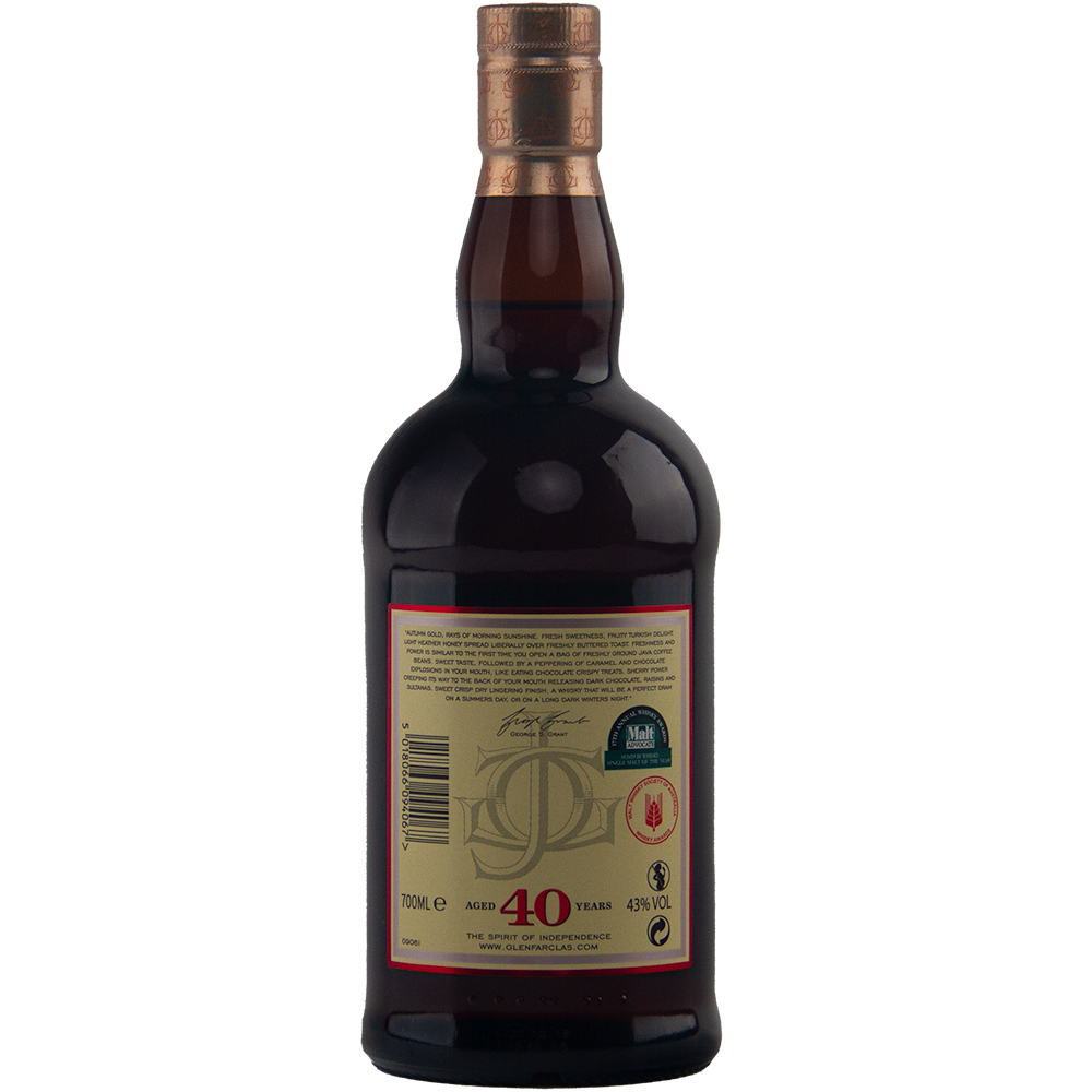 A dark brown bottle of Glenfarclas 40 Year Old Single Malt Scotch Whisky is shown from the back, displaying gold and red labels with text, a barcode, a bold "40 Years" at the bottom, and a cap sealed in gold foil.